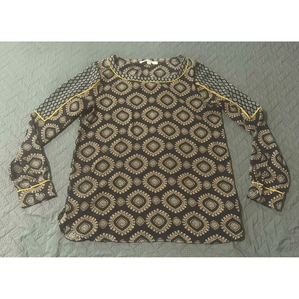 Loft Long Sleeve Medallion Print Blouse size Small Blue Yellow Boho Career EUC
